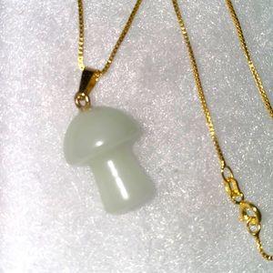 Natural Jade Mushroom 🍄 Gold Plated over Sterling Silver Necklace 24”